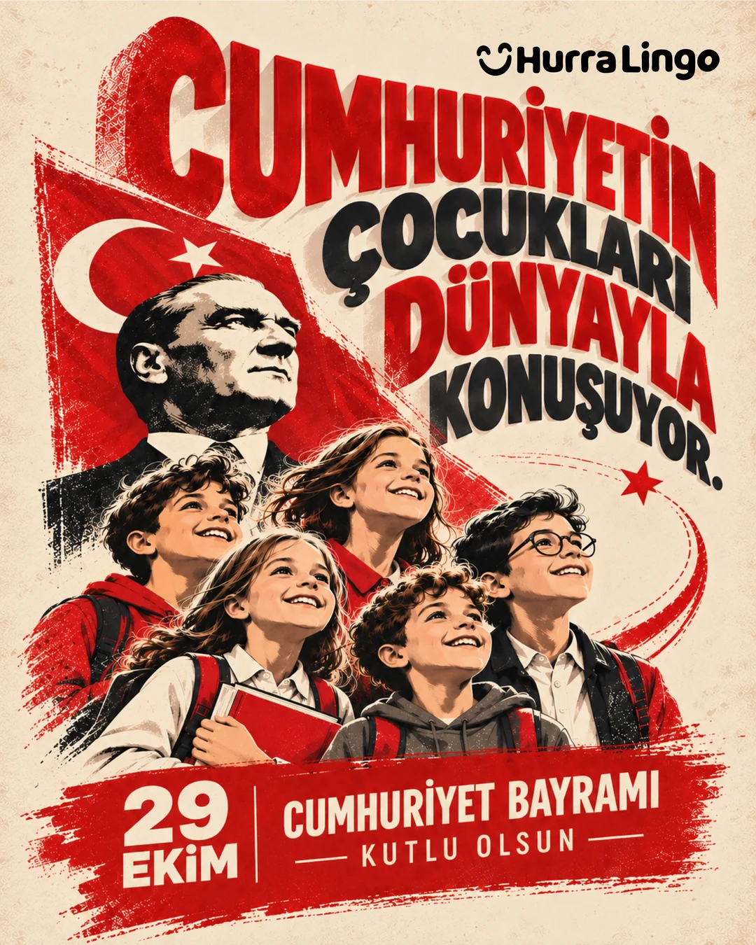 Atatürk, Türk bayrağı ve çocuklarla 29 Ekim Cumhuriyet Bayramı kutlama görseli